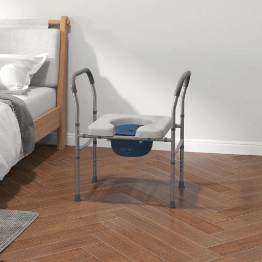 HOMCOM Cadeira Higiénica 4 em 1 Cadeira com Sanita de Alumínio Cadeira de Duche com Altura Ajustável e Almofadas Antiderrapantes Carga 136 kg para Pessoas com Deficiência Grávidas 64x53x70-82 cm Cinza