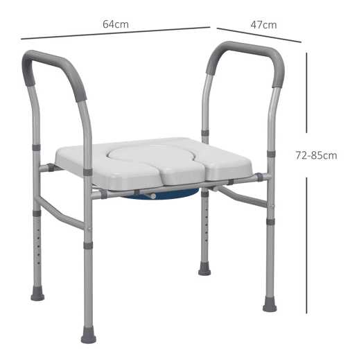 HOMCOM Cadeira Higiénica 4 em 1 Cadeira com Sanita de Alumínio Cadeira de Duche com Altura Ajustável e Almofadas Antiderrapantes Carga 136 kg para Pessoas com Deficiência Grávidas 64x53x70-82 cm Cinza