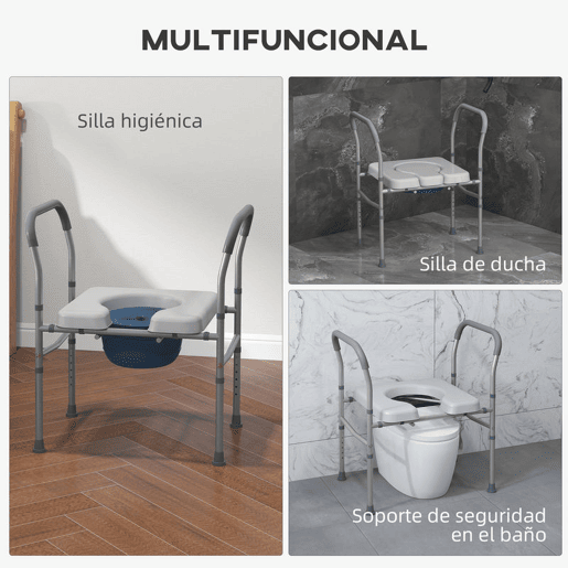 HOMCOM Cadeira Higiénica 4 em 1 Cadeira com Sanita de Alumínio Cadeira de Duche com Altura Ajustável e Almofadas Antiderrapantes Carga 136 kg para Pessoas com Deficiência Grávidas 64x53x70-82 cm Cinza