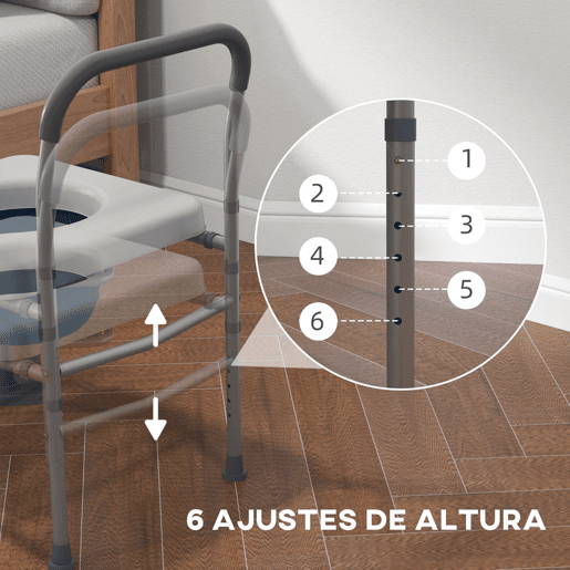 HOMCOM Cadeira Higiénica 4 em 1 Cadeira com Sanita de Alumínio Cadeira de Duche com Altura Ajustável e Almofadas Antiderrapantes Carga 136 kg para Pessoas com Deficiência Grávidas 64x53x70-82 cm Cinza
