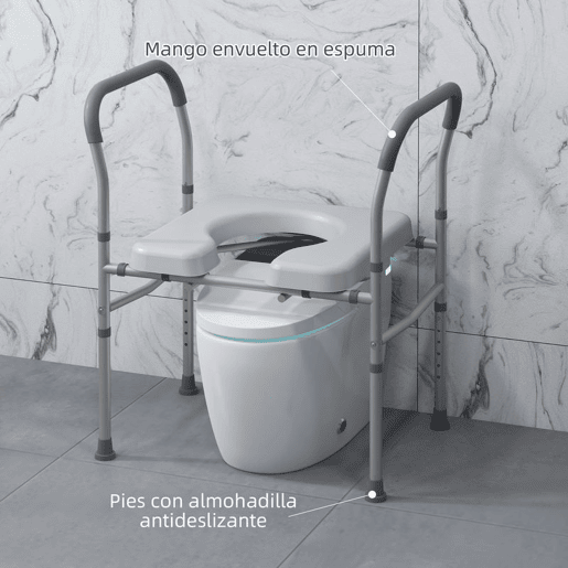 HOMCOM Cadeira Higiénica 4 em 1 Cadeira com Sanita de Alumínio Cadeira de Duche com Altura Ajustável e Almofadas Antiderrapantes Carga 136 kg para Pessoas com Deficiência Grávidas 64x53x70-82 cm Cinza