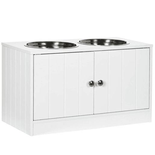 PawHut Comedouro Elevado para Cães Grandes com 2 Tigelas de 2000ml de Aço Inoxidável Comedouro para Cães com 2 Portas e Armazenamento Oculto 60x30x35,5cm Branco
