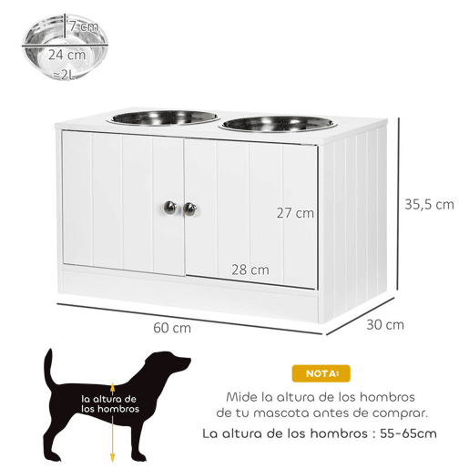 PawHut Comedouro Elevado para Cães Grandes com 2 Tigelas de 2000ml de Aço Inoxidável Comedouro para Cães com 2 Portas e Armazenamento Oculto 60x30x35,5cm Branco