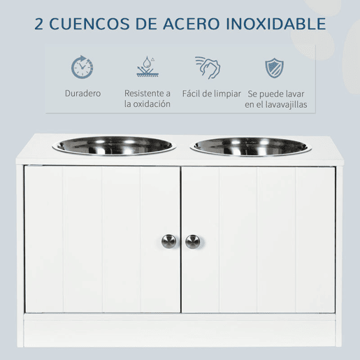 PawHut Comedouro Elevado para Cães Grandes com 2 Tigelas de 2000ml de Aço Inoxidável Comedouro para Cães com 2 Portas e Armazenamento Oculto 60x30x35,5cm Branco