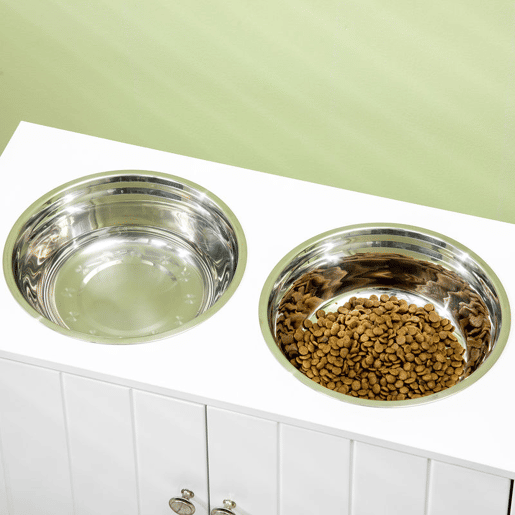 PawHut Comedouro Elevado para Cães Grandes com 2 Tigelas de 2000ml de Aço Inoxidável Comedouro para Cães com 2 Portas e Armazenamento Oculto 60x30x35,5cm Branco