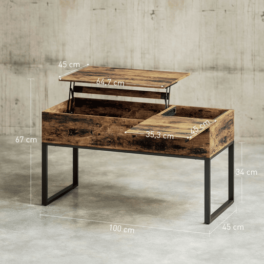 HOMCOM Mesa de Centro Elevatória Mesa de Café com Bancada Deslizante Fecho Suave e Espaço Oculto de Arrumação 100x45x67 cm Castanho Rústico