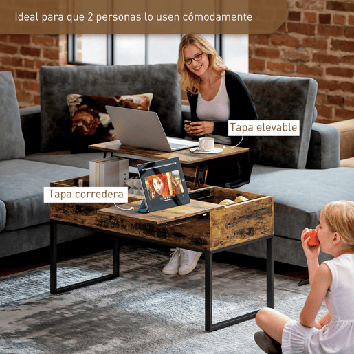 HOMCOM Mesa de Centro Elevatória Mesa de Café com Bancada Deslizante Fecho Suave e Espaço Oculto de Arrumação 100x45x67 cm Castanho Rústico