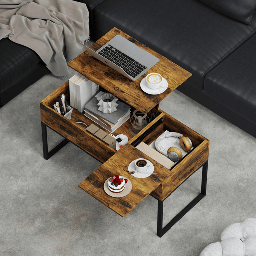 HOMCOM Mesa de Centro Elevatória Mesa de Café com Bancada Deslizante Fecho Suave e Espaço Oculto de Arrumação 100x45x67 cm Castanho Rústico