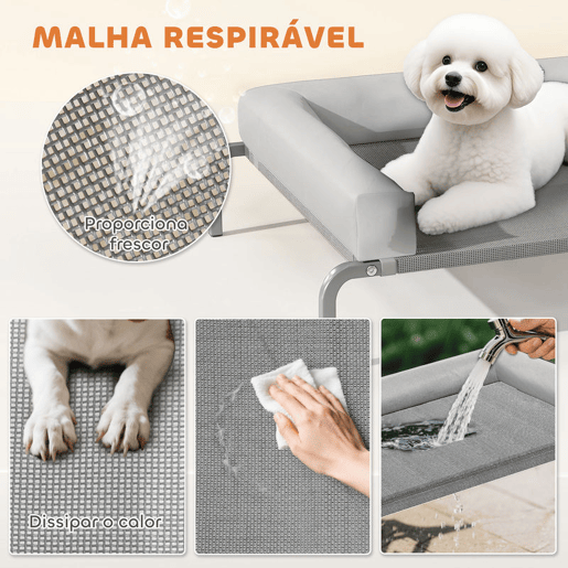 PawHut Cama Elevada para Cães com Latertais Amovíveis Cama Elevada para Cães Pequenos Portátil com Malha Respirável Estrutura de Aço para Interior e Exterior 90x65x30 cm Cinza Claro