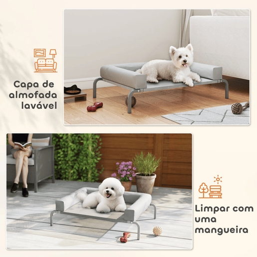 PawHut Cama Elevada para Cães com Latertais Amovíveis Cama Elevada para Cães Pequenos Portátil com Malha Respirável Estrutura de Aço para Interior e Exterior 90x65x30 cm Cinza Claro