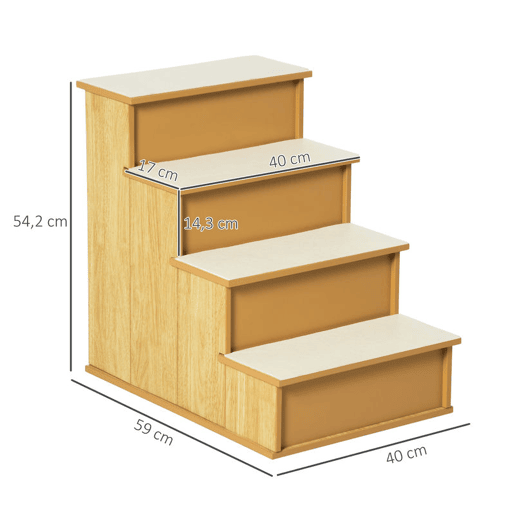 PawHut Escada para Animais de Estimação de 4 Degraus Escada para Cães e Gatos com Tapetes Antideslizantes Removíveis Carga 30 kg para Cama Sofá 40x59x54,2 cm Madeira e Creme