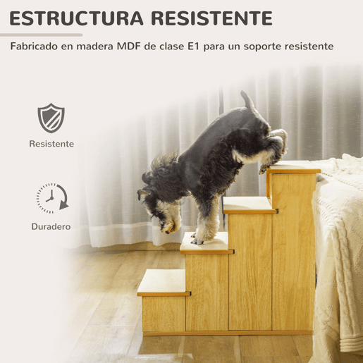 PawHut Escada para Animais de Estimação de 4 Degraus Escada para Cães e Gatos com Tapetes Antideslizantes Removíveis Carga 30 kg para Cama Sofá 40x59x54,2 cm Madeira e Creme