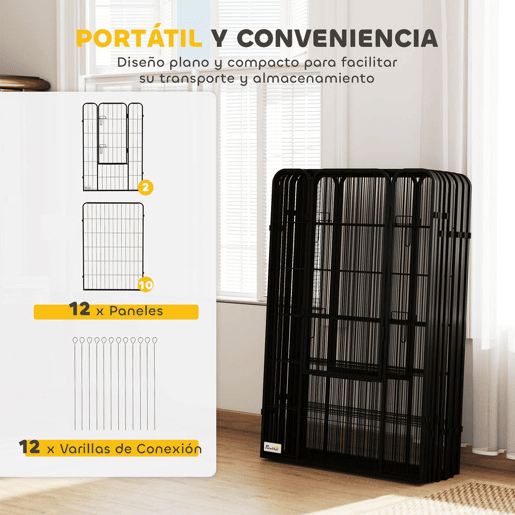 PawHut Parque para Cães com 12 Painéis Recinto para Animais de Estimação Modular com 2 Portas para Interior e Exterior Aço 80x120 cm Preto