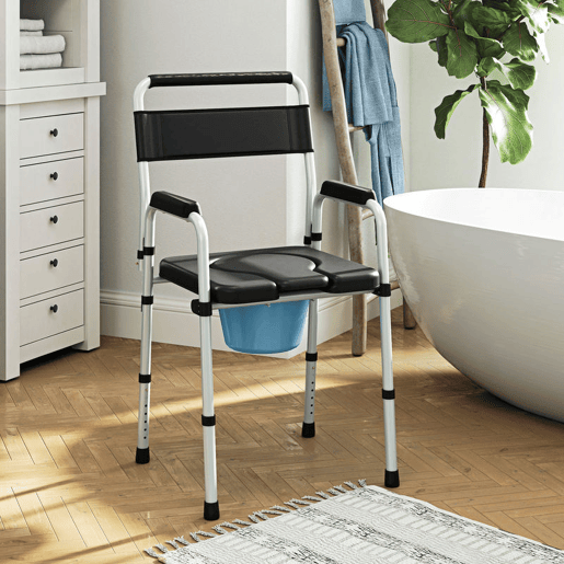 HOMCOM Cadeira Sanita para Pessoas Maiores Dobrável Cadeira com Sanita Altura Ajustável Cubo e Almofadas Antiderrapantes Carga 150 kg 52,5x46x81,5-97 cm Preto