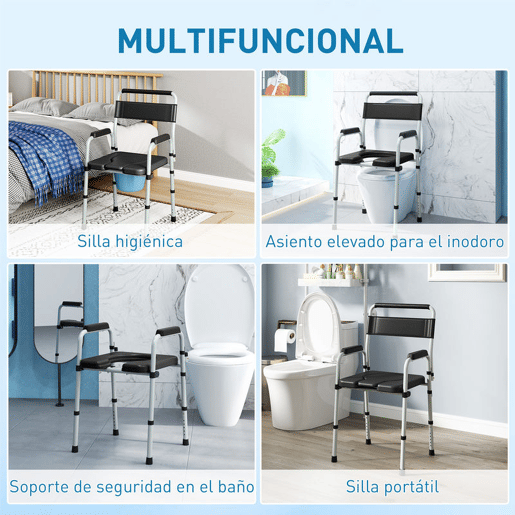 HOMCOM Cadeira Sanita para Pessoas Maiores Dobrável Cadeira com Sanita Altura Ajustável Cubo e Almofadas Antiderrapantes Carga 150 kg 52,5x46x81,5-97 cm Preto