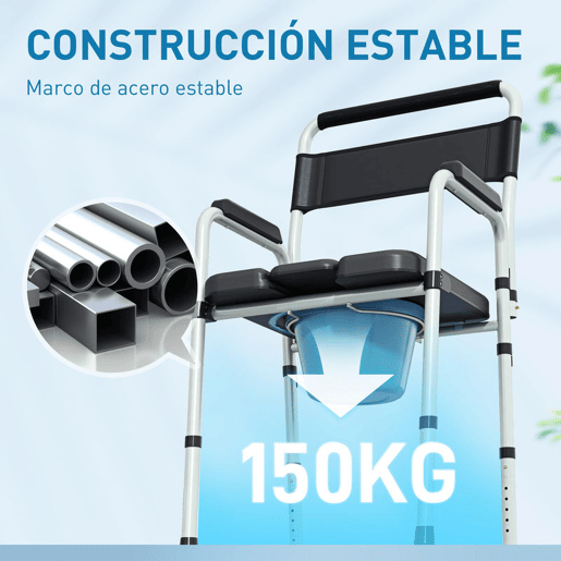 HOMCOM Cadeira Sanita para Pessoas Maiores Dobrável Cadeira com Sanita Altura Ajustável Cubo e Almofadas Antiderrapantes Carga 150 kg 52,5x46x81,5-97 cm Preto