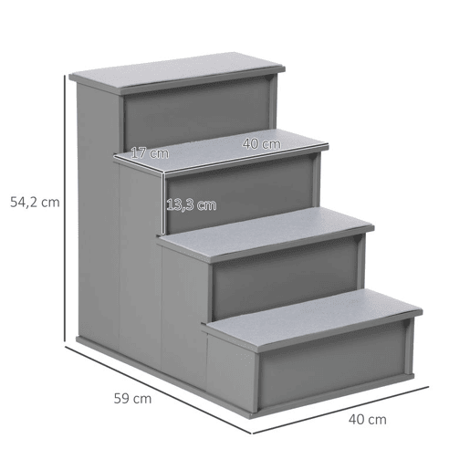 PawHut Escada para Animais de Estimação de 4 Degraus Escada para Cães e Gatos com Tapetes Antideslizantes Removíveis Carga 30 kg para Cama Sofá 40x59x54,2 cm Cinza