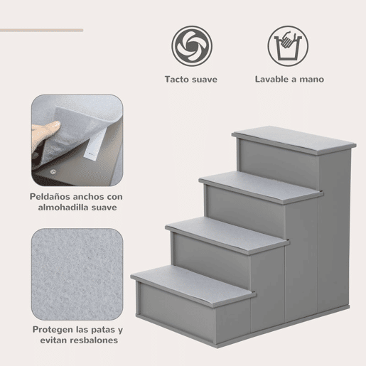 PawHut Escada para Animais de Estimação de 4 Degraus Escada para Cães e Gatos com Tapetes Antideslizantes Removíveis Carga 30 kg para Cama Sofá 40x59x54,2 cm Cinza