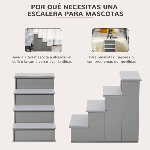 PawHut Escada para Animais de Estimação de 4 Degraus Escada para Cães e Gatos com Tapetes Antideslizantes Removíveis Carga 30 kg para Cama Sofá 40x59x54,2 cm Cinza