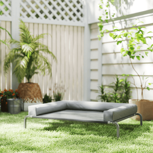 PawHut Cama Elevada para Cães com Latertais Amovíveis Cama Elevada para Cães Médios Portátil com Malha Respirável Estrutura de Aço para Interior e Exterior 130x90x30 cm Cinza Claro