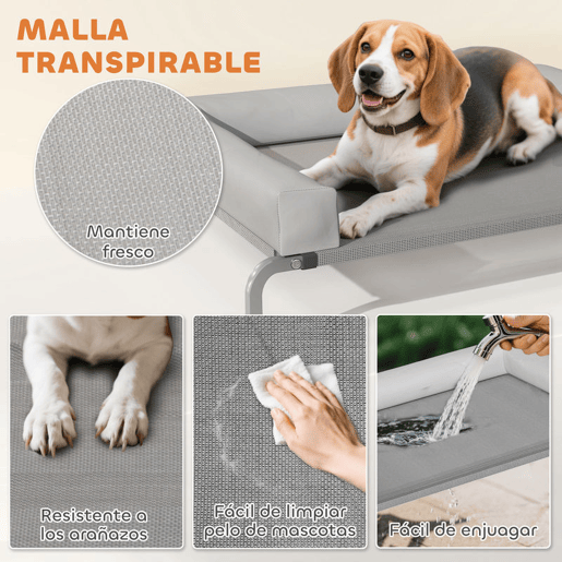 PawHut Cama Elevada para Cães com Latertais Amovíveis Cama Elevada para Cães Médios Portátil com Malha Respirável Estrutura de Aço para Interior e Exterior 130x90x30 cm Cinza Claro