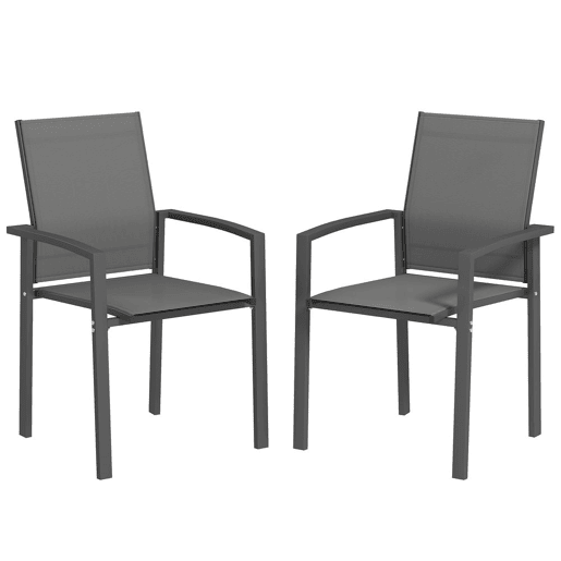 Outsunny Conjunto de 2 Cadeiras de Jardim Cadeiras de Exterior Empilháveis Cadeiras de Refeição com Tecido Transpirável Estrutura em Aço Apoios de Braços e Encosto 56x58x89 cm Cinzento Escuro
