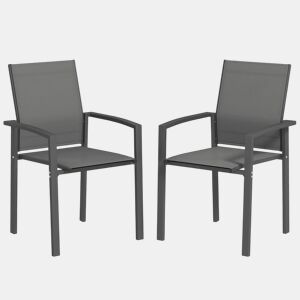 Outsunny Conjunto de 2 Cadeiras de Jardim Cadeiras de Exterior Empilháveis Cadeiras de Refeição com Tecido Transpirável Estrutura em Aço Apoios de Braços e Encosto 56x58x89 cm Cinzento Escuro