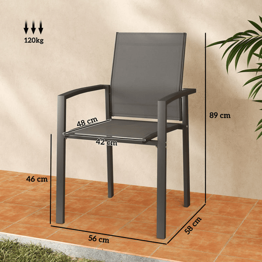 Outsunny Conjunto de 2 Cadeiras de Jardim Cadeiras de Exterior Empilháveis Cadeiras de Refeição com Tecido Transpirável Estrutura em Aço Apoios de Braços e Encosto 56x58x89 cm Cinzento Escuro