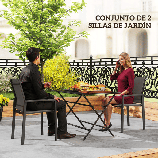 Outsunny Conjunto de 2 Cadeiras de Jardim Cadeiras de Exterior Empilháveis Cadeiras de Refeição com Tecido Transpirável Estrutura em Aço Apoios de Braços e Encosto 56x58x89 cm Cinzento Escuro
