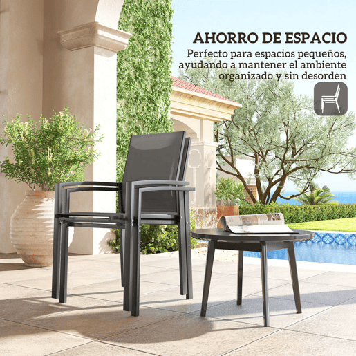 Outsunny Conjunto de 2 Cadeiras de Jardim Cadeiras de Exterior Empilháveis Cadeiras de Refeição com Tecido Transpirável Estrutura em Aço Apoios de Braços e Encosto 56x58x89 cm Cinzento Escuro