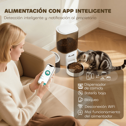 PawHut Comedero Automático para Gato Dispensador de Comida para Gatos e Cães de 3 L com Controlo por App (1-10 Refeições por Dia) Filtros e Luz LED Conjunto de Comedero e Bebedouro Automático Silencioso com Cabo USB ou Pilhas