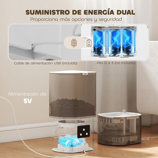 PawHut Comedero Automático para Gato Dispensador de Comida para Gatos e Cães de 3 L com Controlo por App (1-10 Refeições por Dia) Filtros e Luz LED Conjunto de Comedero e Bebedouro Automático Silencioso com Cabo USB ou Pilhas