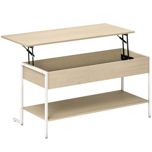 HOMCOM Mesa de Centro Elevatória Mesa de Café com Fecho Suave Espaço Oculto de Arrumação e Prateleira Aberta 95x40x59 cm Madeira e Branco