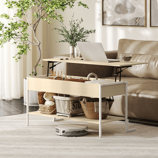 HOMCOM Mesa de Centro Elevatória Mesa de Café com Fecho Suave Espaço Oculto de Arrumação e Prateleira Aberta 95x40x59 cm Madeira e Branco
