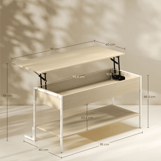 HOMCOM Mesa de Centro Elevatória Mesa de Café com Fecho Suave Espaço Oculto de Arrumação e Prateleira Aberta 95x40x59 cm Madeira e Branco