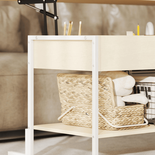 HOMCOM Mesa de Centro Elevatória Mesa de Café com Fecho Suave Espaço Oculto de Arrumação e Prateleira Aberta 95x40x59 cm Madeira e Branco