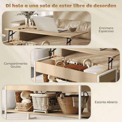 HOMCOM Mesa de Centro Elevatória Mesa de Café com Fecho Suave Espaço Oculto de Arrumação e Prateleira Aberta 95x40x59 cm Madeira e Branco
