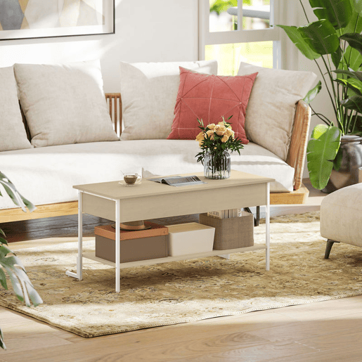 HOMCOM Mesa de Centro Elevatória Mesa de Café com Fecho Suave Espaço Oculto de Arrumação e Prateleira Aberta 95x40x59 cm Madeira e Branco