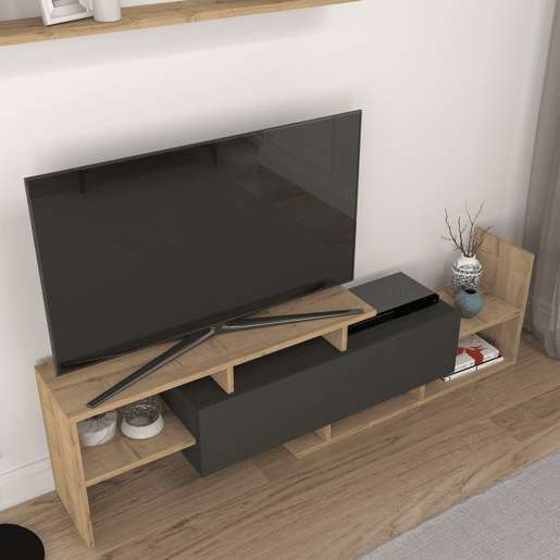 Mesa para TV Liksefte com prateleira de parede 154x28x42 cm carvalho safirapreto en.casa