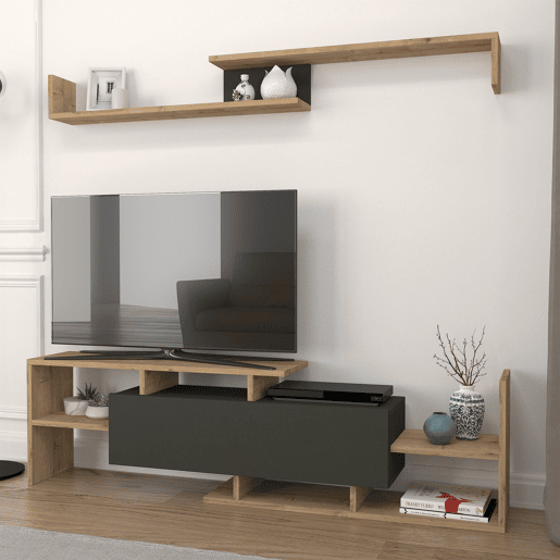 Mesa para TV Liksefte com prateleira de parede 154x28x42 cm carvalho safirapreto en.casa
