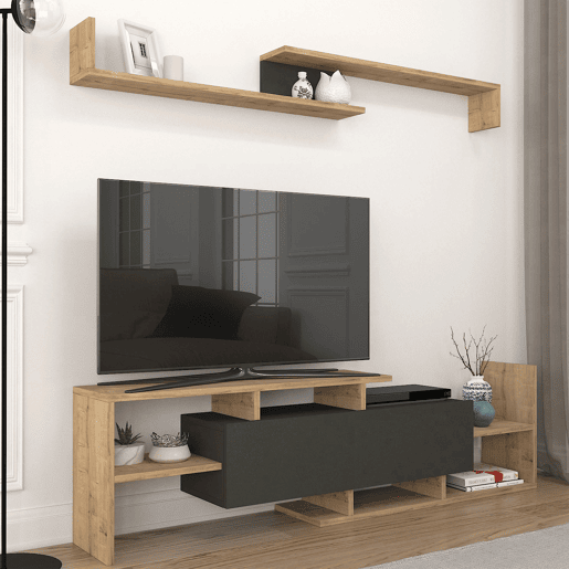 Mesa para TV Liksefte com prateleira de parede 154x28x42 cm carvalho safirapreto en.casa