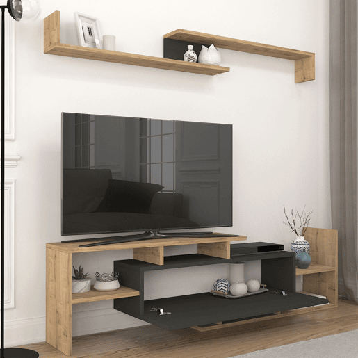Mesa para TV Liksefte com prateleira de parede 154x28x42 cm carvalho safirapreto en.casa
