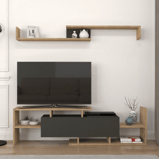 Mesa para TV Liksefte com prateleira de parede 154x28x42 cm carvalho safirapreto en.casa