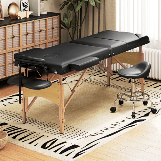 HOMCOM Marquesa de Massagem Dobrável Portátil Marquesa Estética Profissional de Madeira de 3 Zonas com Altura Ajustável Apoio de Cabeça e Braços Almofadados para Spa Pestanas Tatuagens 215x60x62-89 cm Preto