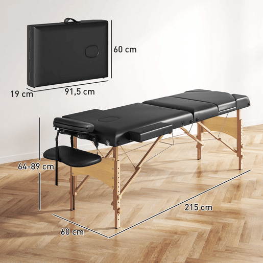 HOMCOM Marquesa de Massagem Dobrável Portátil Marquesa Estética Profissional de Madeira de 3 Zonas com Altura Ajustável Apoio de Cabeça e Braços Almofadados para Spa Pestanas Tatuagens 215x60x62-89 cm Preto