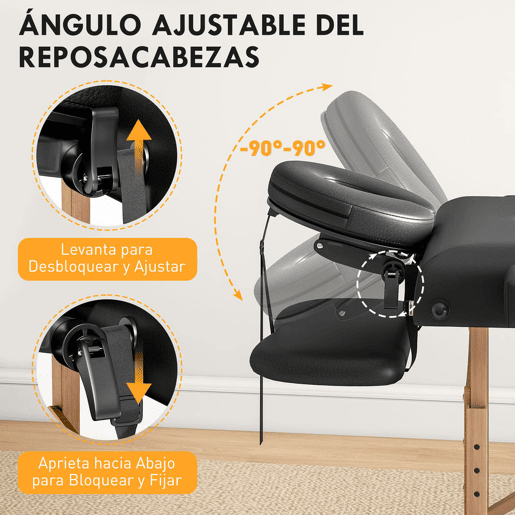HOMCOM Marquesa de Massagem Dobrável Portátil Marquesa Estética Profissional de Madeira de 3 Zonas com Altura Ajustável Apoio de Cabeça e Braços Almofadados para Spa Pestanas Tatuagens 215x60x62-89 cm Preto