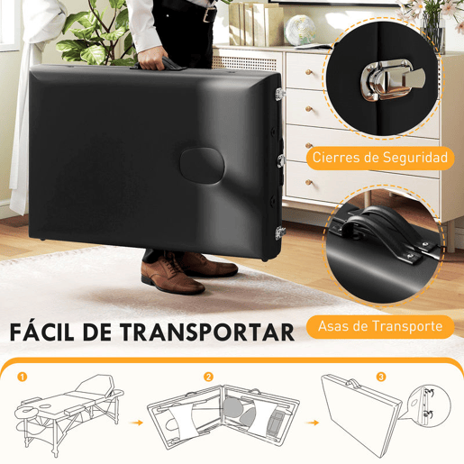 HOMCOM Marquesa de Massagem Dobrável Portátil Marquesa Estética Profissional de Madeira de 3 Zonas com Altura Ajustável Apoio de Cabeça e Braços Almofadados para Spa Pestanas Tatuagens 215x60x62-89 cm Preto