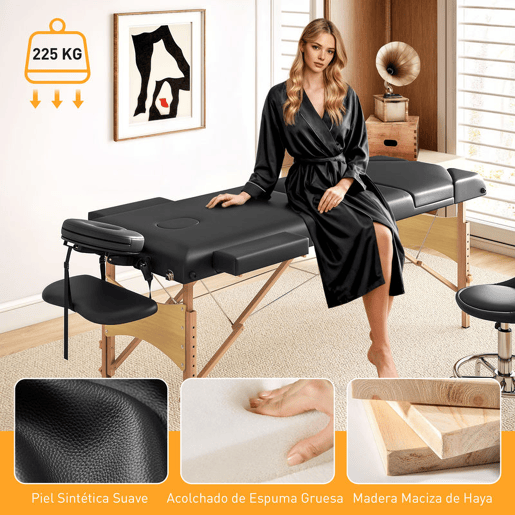 HOMCOM Marquesa de Massagem Dobrável Portátil Marquesa Estética Profissional de Madeira de 3 Zonas com Altura Ajustável Apoio de Cabeça e Braços Almofadados para Spa Pestanas Tatuagens 215x60x62-89 cm Preto