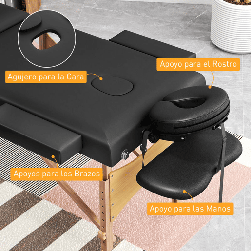 HOMCOM Marquesa de Massagem Dobrável Portátil Marquesa Estética Profissional de Madeira de 3 Zonas com Altura Ajustável Apoio de Cabeça e Braços Almofadados para Spa Pestanas Tatuagens 215x60x62-89 cm Preto