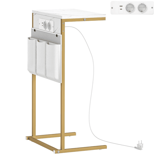 HOMCOM Mesa Auxiliar com Estação de Carga Mesa Lateral com 2 Entradas USB 1 Entrada USB-C e Bolsa Organizadora Mesa Auxiliar para Sala de Estar Dormitório 25,5x40x71 cm Branco